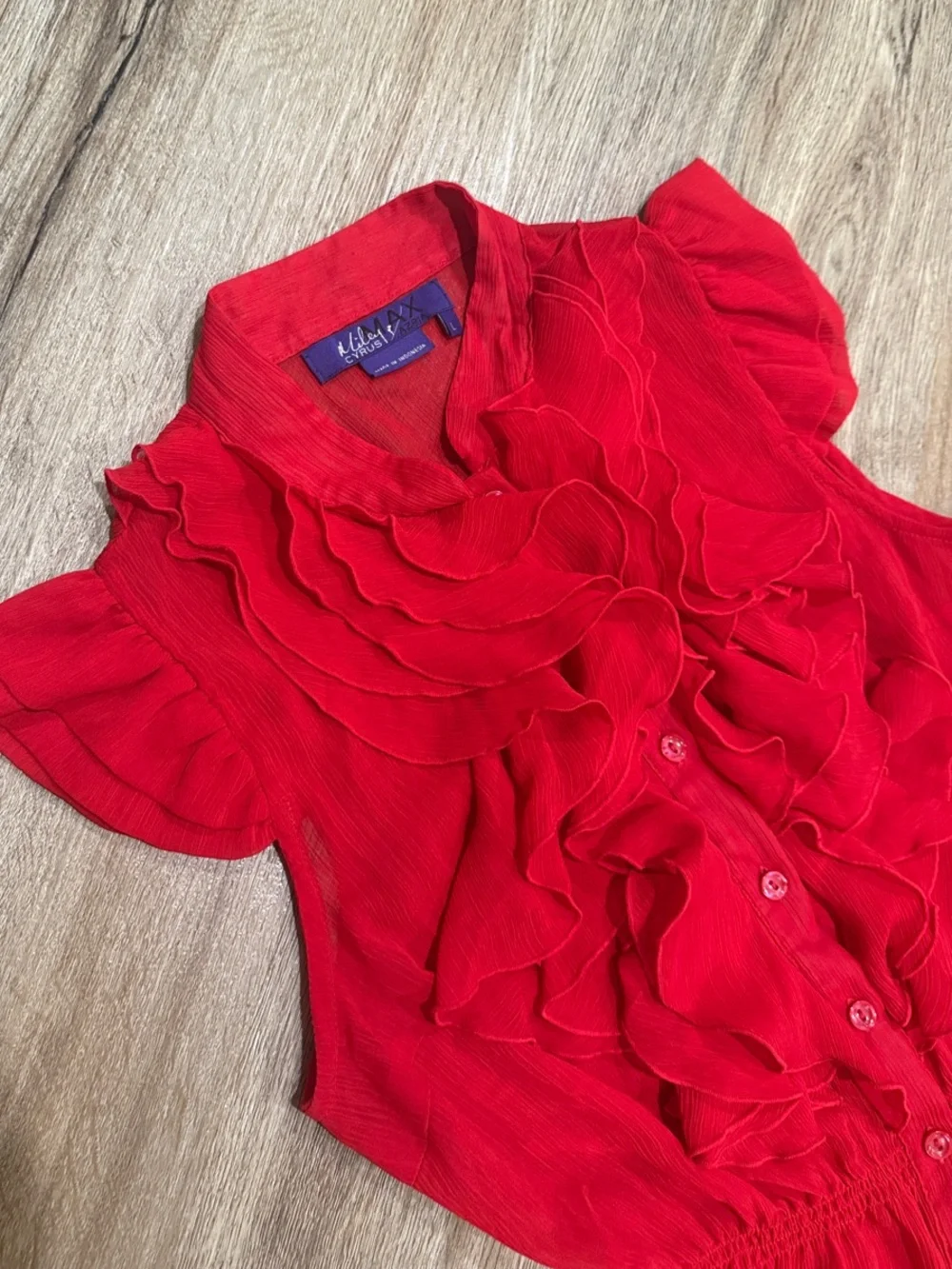 Miley Cyrus & Max Azria Red Ruffled Button-Front Sheer Blouse - Picture 3 of 7